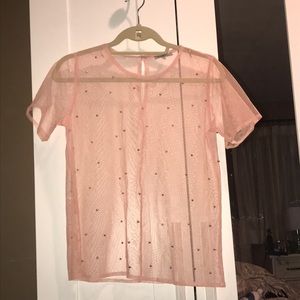 Sheer pink t shirt, silver metallic beads